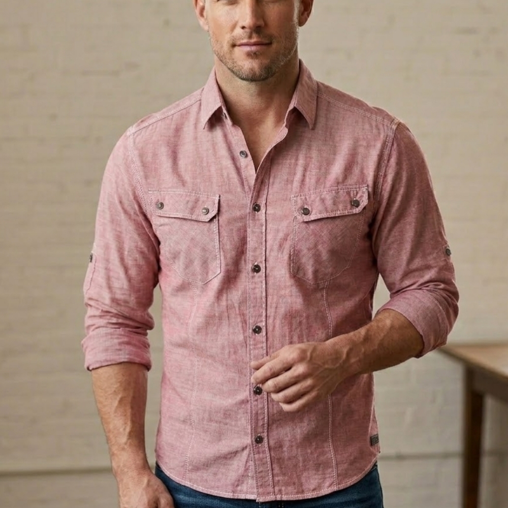 Outpost Makers Pink Heather Button-Up Shirt – Slim/Athletic Fit Size L